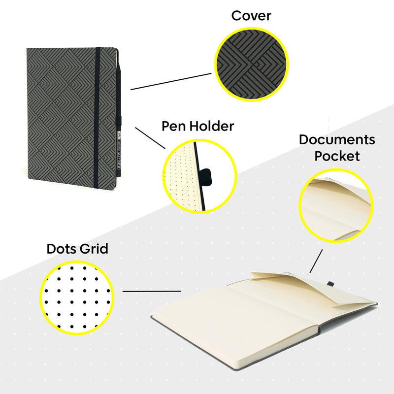 Flexible Dotted Notebook | Gray Geometric pattern | Free Pencil | A5
